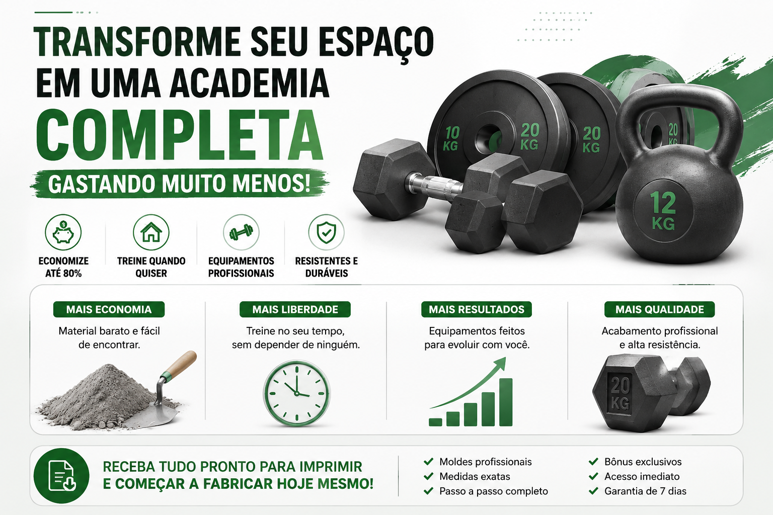 Halteres, anilhas de 10kg e 20kg e kettlebell de 12kg fabricados com os moldes do Projeto Academia Zero